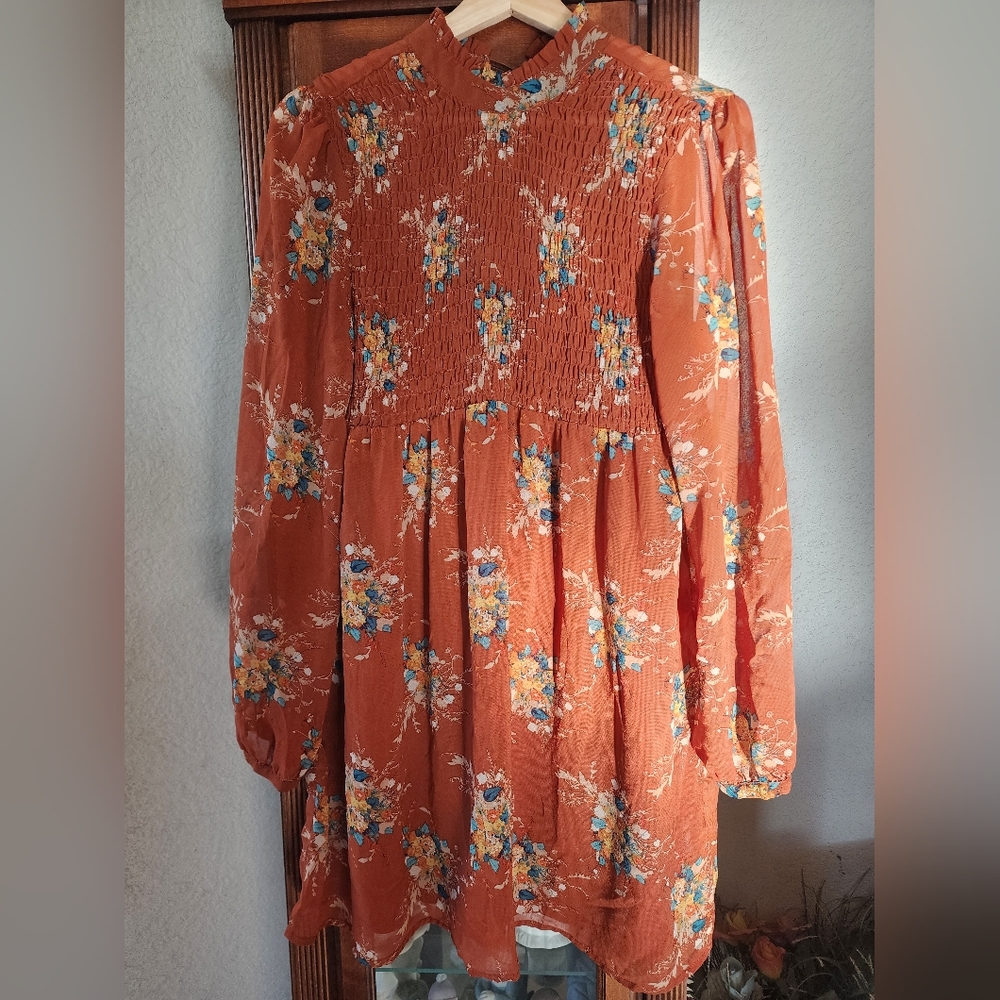 Luxology Burnt Orange Floral Sleeve Short Dress Medium